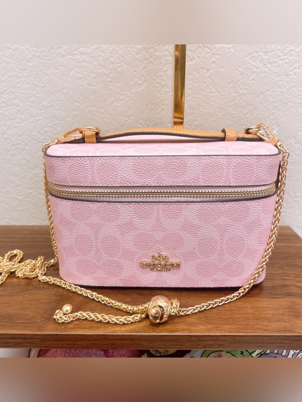 Coach Pink Signature Top-Handle Cosmetic Case with Gold Hardware powder pink